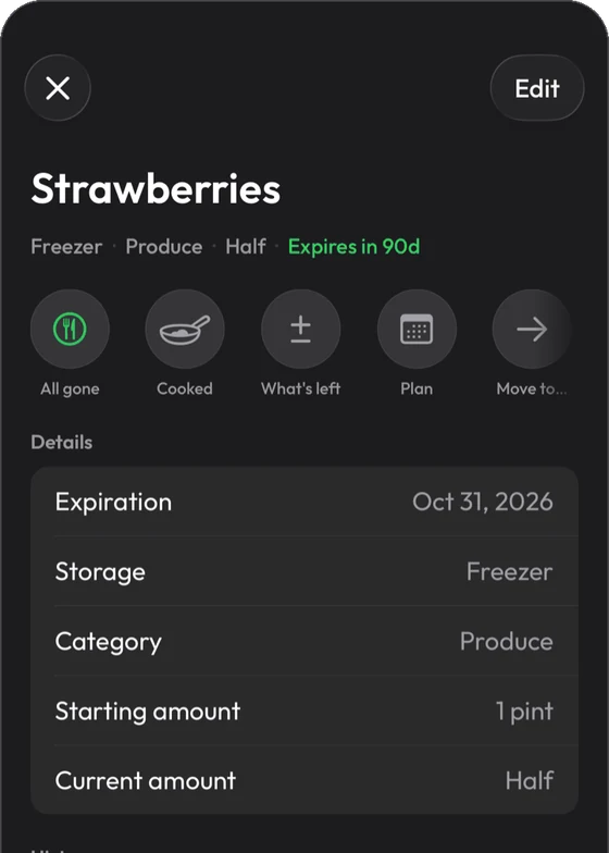 Fridge Life showing one item's details and history